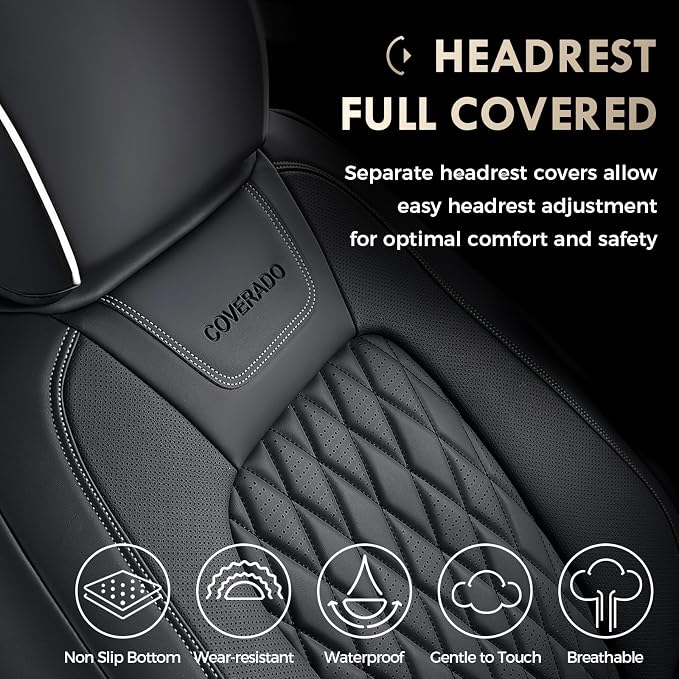 Coverado Premium Leather Full Set Seat Covers Waterproof Heavy-Duty Protectors Custom Fit for Ford F150 (2015-2026) F250/F350/F450 (2017-2026)-Black w/White Stitching, Wear-Resistant