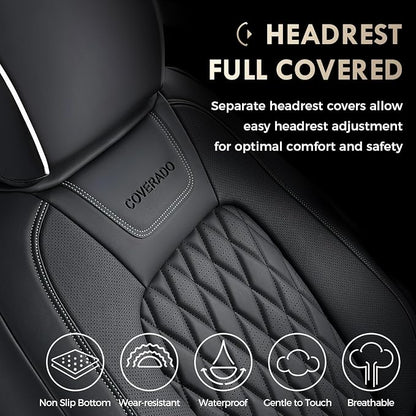 Coverado Premium Leather Full Set Seat Covers Waterproof Heavy-Duty Protectors Custom Fit for Ford F150 (2015-2026) F250/F350/F450 (2017-2026)-Black w/White Stitching, Wear-Resistant
