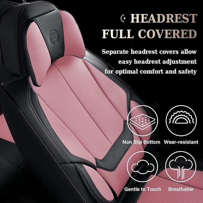 Coverado Universal Seat Covers Front, 2-Pack Universal Seat Covers for Cars, Waterproof Nappa Leather Car Seat Covers with Head Pillow, Auto Protectors Fit for Most Sedans Pick-up Truck-Black&Pink