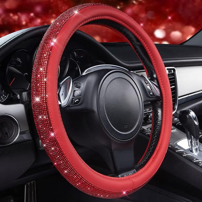 CAR PASS Bling Diamond Leather Steering Wheel Cover, with Bling Sparkly Crystal Glitter Rhinestones Universal Fit 14" 1/2-15" Car Wheel Protect for Women Girl Fit Suvs,Vans,Sedans,Cars,Trucks, Red