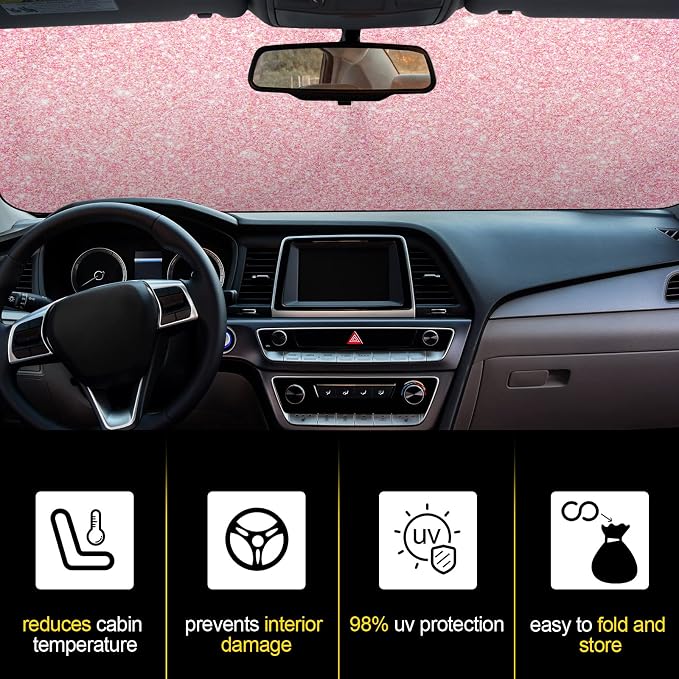 Windshield Sun Shade Foldable Car Front Window Covers for Car Accessories Sun Heat UV Rays Visor Protector Protection for Universal Cars SUV Truck(Pink Sequins)