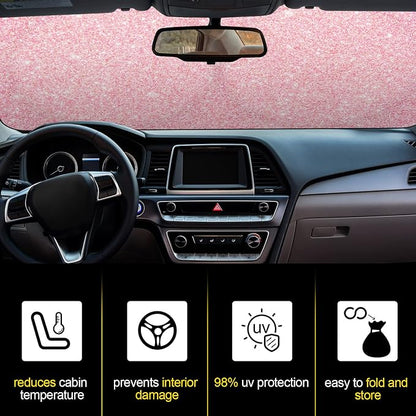 Windshield Sun Shade Foldable Car Front Window Covers for Car Accessories Sun Heat UV Rays Visor Protector Protection for Universal Cars SUV Truck(Pink Sequins)