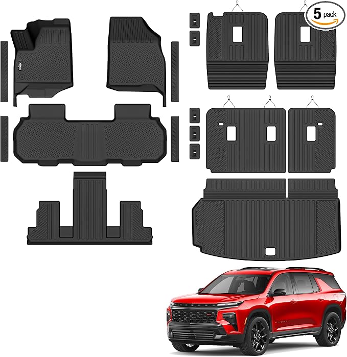 Floor Mats &Trunk Mat for 2024 2025 2026 Chevy/Chevrolet Traverse 7 Seats with 2nd & 3rd Row Backrest Mat All Weather TPE Rubber Cargo Liner Door Sill Guards for Chevy Traverse 2026 Accessories
