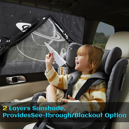 Magnetic Car Window Shades, 2 Packs Car Sun Shades for Baby, 2 Layers for Blackout/See Through Options Space Pattern Side Window Curtain for Kids Heat/UV Blocker