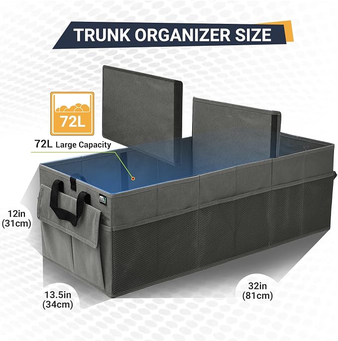 MIU COLOR Trunk Organizer for Car, 12 Pockets Sturdy Car Organizer for SUV, Non-Slip Bottom, Folded Trunk Storage Organizer for Sedans, Van, Jeep, Grocery, Large 3 Compartments, Dark Gray 32"×13"×10"