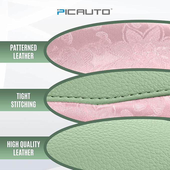 PIC AUTO Steering Wheel Cover, Pink Patterned & Green Leather Patchwork Design, Universal Fit 14.5"–15.5", Anti-Slip, Odor-Free, Soft PU Grain Leather, Durable Grip Car Accessory for Girls & Women