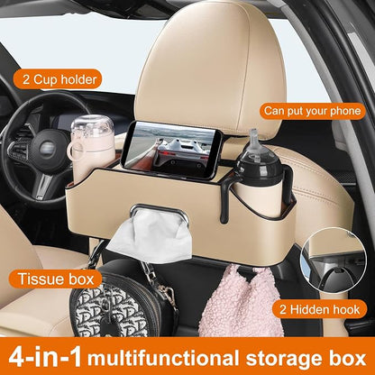 Car Rear Backseat Extra Multifunctional Drink Cup Holder Organizers With Tissue Storage Box Organizer & Hooks For Car Seat Back.Beige
