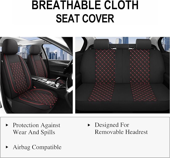 YGL Breathble Car Seat Covers Full Set, Washable Seat Covers for Cars, Premium Cloth Car Seat Protectors, Interior Covers for Cars, Sedan Van Truck SUV(Black/Red)