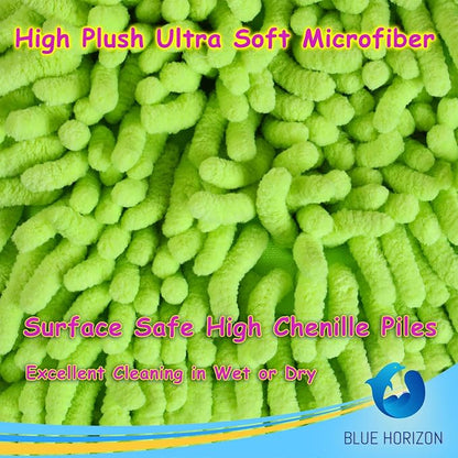 Microfiber Fingers Dusting & Cleaning Mitt and Large Towel Set, Machine Washable, Highly Absorbent Car Detailing Cleaner for Drying, Washing and Wax Polishing (1 Green Mitt, 1 Blue Towel)