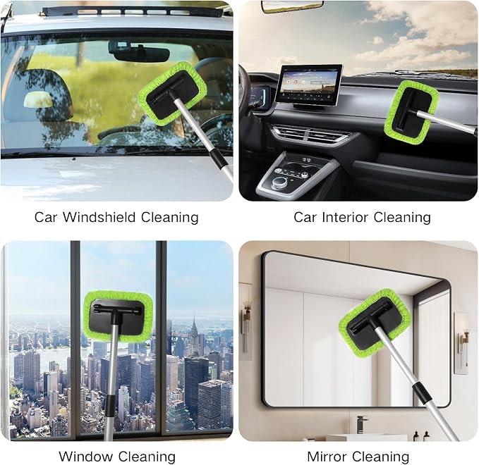 Qydipclin 11pcs Windshield Cleaner Tool, Car Window Cleaning Wash Kit with 6 Reusable Microfiber Pads 2 Spray Bottles and Extendable Handles Auto Glass Wiper Kit, Blue & Green
