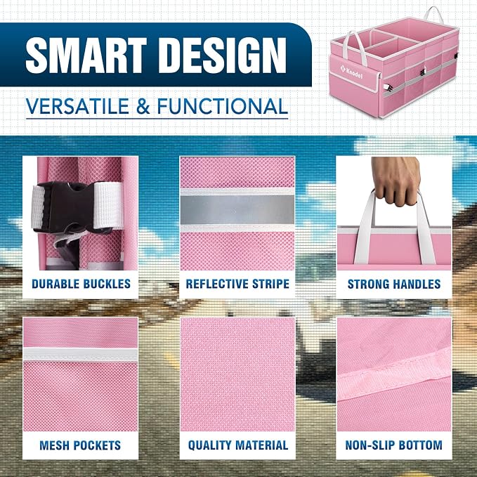 K KNODEL Car Trunk Organizer with Lid, Collapsible Car Trunk Storage Organizer, Car Organizer and Storage for SUV, Truck, Sedan (Medium, Pink)