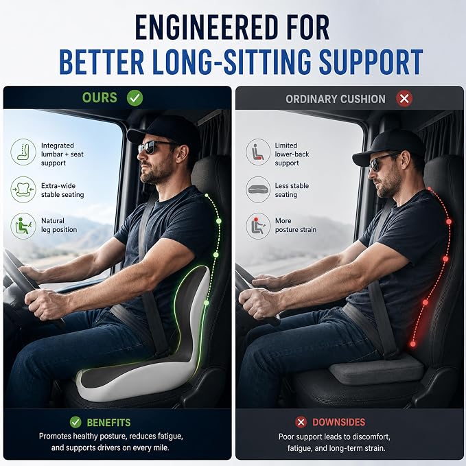 Ergonomic Truck Seat Cushion with Lumbar Support, Wide High-Density Memory Foam for Long Driving Comfort, Contoured Support for Semi Truck, Car & Office Chair