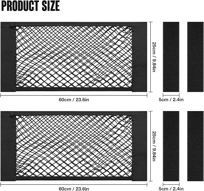 TOBWOLF 2PCS 25x60cm / 9.8x23.6in Car Storage Net Bag with Tape Stickers, Adhesive Mesh Pocket Net String Pouch Bag, Stretchable RV Storage Netting, Wall Sticker Organizer Pouch Bag for Home Storage
