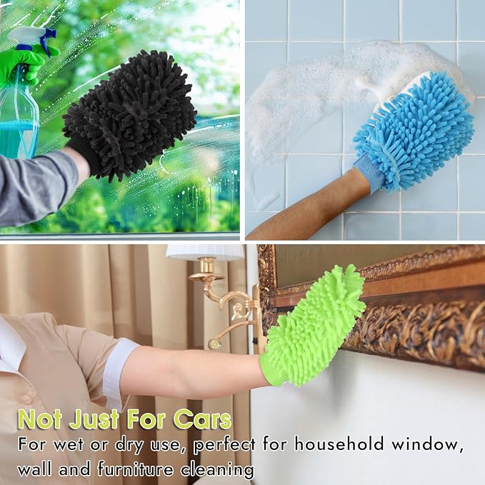 3 Pack Chenille Microfiber Car Wash Mitt, 7" x 9.6" Car Washing Mitts, Home Dusting Gloves, Scratch Free Lint-Free, Highly Absorbent, Double Sided, for Cleaning Detailing Polish (Blue,Green,Grey)