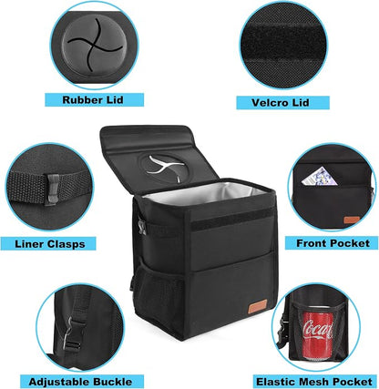 Leak Proof Car Trash Bag Waterproof Garbage Can with Lid for SUV Front Seat Multipurpose Car Hanging for Headrest Collapsible and Portable with Storage Mesh Pocket, Large/ Black