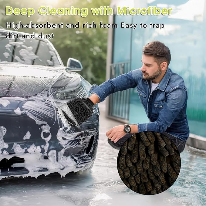 3 Pack Chenille Microfiber Car Wash Mitt, 7" x 9.6" Car Washing Mitts, Home Dusting Gloves, Scratch Free Lint-Free, Highly Absorbent, Double Sided, for Cleaning Detailing Polish (Grey)