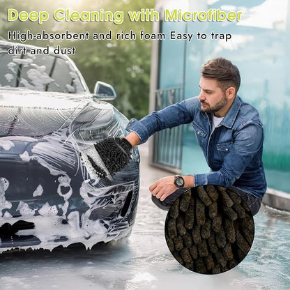 3 Pack Chenille Microfiber Car Wash Mitt, 7" x 9.6" Car Washing Mitts, Home Dusting Gloves, Scratch Free Lint-Free, Highly Absorbent, Double Sided, for Cleaning Detailing Polish (Grey)