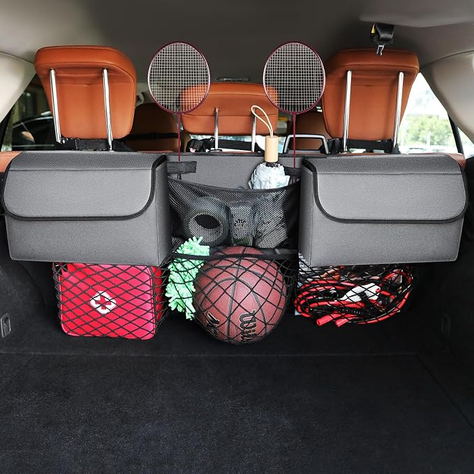 Deluxe Trunk Organizer, Grey, Compact & Mid Size SUV | Backseat Hanging, Waterproof Collapsible, 6 Pockets, Reinforced No-Sag Design