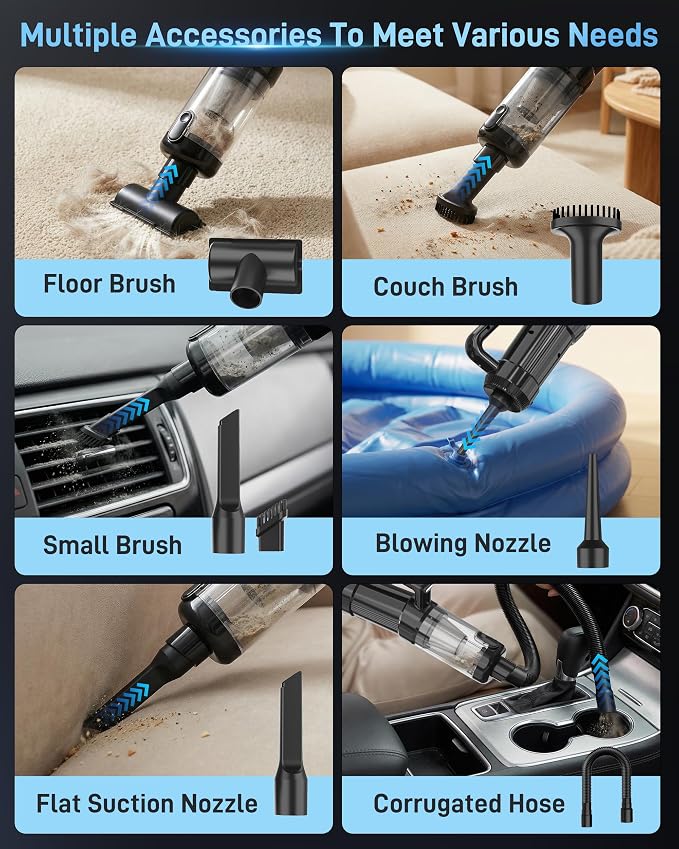 Handheld Vacuum Cordless, 18000PA Strong Suction Car Vacuum Cleaner Portable with Brushless Motor & LED Light, Hand Vacuum with Multi-Nozzles & Washable Filter for Home Office, Car, Pets