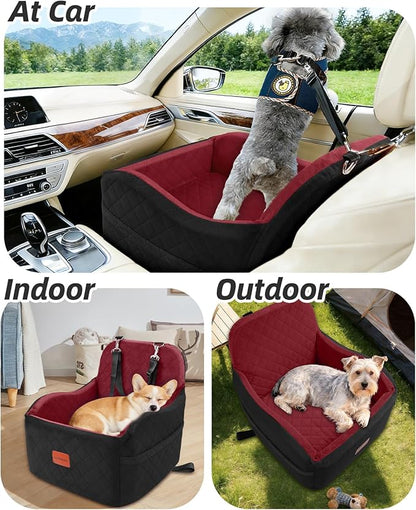 Lealchum Dog Booster Car Seat for Small/Medium Dogs,Puppy Portable Car Bed with Elevated Cushion,Fully Detachable and Washable,2 Storage Pockets,Easy to Install (Blakc/Red, Medium)