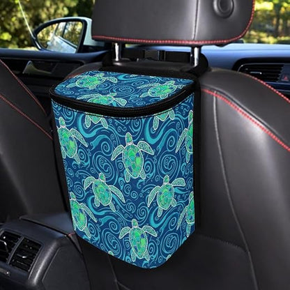 Talayituse Teal Turtle Water Print Car Trash Bin, Large Size Auto Trash Can Adjustable Portable Garbage Can with Lid, Vehicle Hanging Bag for Headrest Front Back Seat