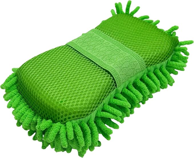Microfiber Car Wash Sponge, Scratch-Free Vehicle Washing Mitt with Chenille & Mesh Sides, Highly Absorbent Sponge Lint-Free Cleaning Tool for Car Washing & Detailing (Green)