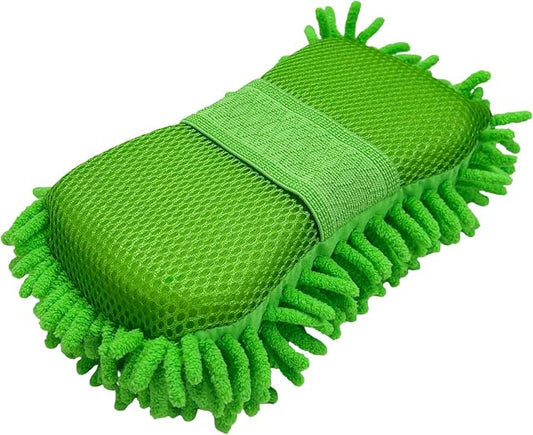 Microfiber Car Wash Sponge, Scratch-Free Vehicle Washing Mitt with Chenille & Mesh Sides, Highly Absorbent Sponge Lint-Free Cleaning Tool for Car Washing & Detailing (Green)