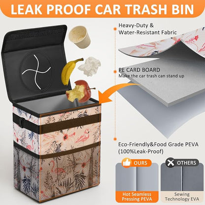 Vankor Cute Car Trash Can, Car Accessories for Women Interior Can Trash Bag Hanging Automotive Garbage Cans Pink Flamingo