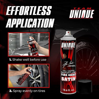 TEAM UNIQUE Tire Shine Satin – 18.6 fl oz | Low-Gloss Satin Tire Shine Spray | UV Protection Against Cracking & Fading | Non-Greasy, Low-Sling Formula for Cars, Trucks & SUVs