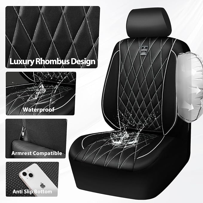 CAR PASS Piping Luxury Leather Two Front Car Seat Covers,Silver Glitter Waterproof Seat Cover Compatible with Front Seat Armrests,Universal Fit for Suvs,Vans,Trucks,Airbag Compatible(Black and Silver)