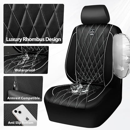 CAR PASS Piping Luxury Leather Two Front Car Seat Covers,Silver Glitter Waterproof Seat Cover Compatible with Front Seat Armrests,Universal Fit for Suvs,Vans,Trucks,Airbag Compatible(Black and Silver)