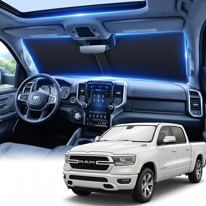 for Dodge RAM 1500 Windshield Sun Shade 2019-2026 Front Window UV Blocker Custom Fit for Regular, Quad, Crew, Mega Cab Foldable Sun Visor Car Accessory