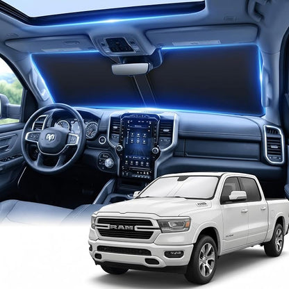 for Dodge RAM 1500 Windshield Sun Shade 2019-2026 Front Window UV Blocker Custom Fit for Regular, Quad, Crew, Mega Cab Foldable Sun Visor Car Accessory