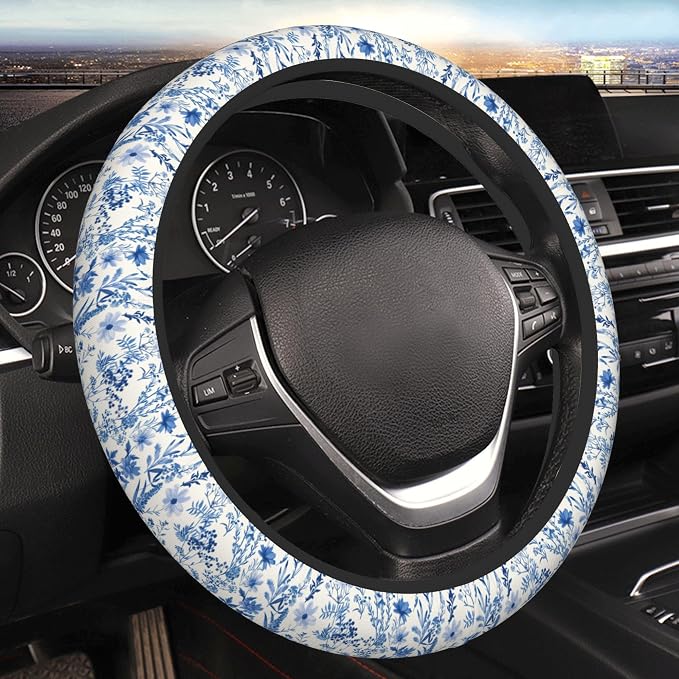 Blue Floral Steering Wheel Cover for Women & Men – Universal 15 Inch Car Accessories, Non-Slip & Stylish Design, Fits Most Cars, SUVs, and Auto