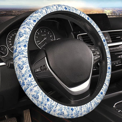 Blue Floral Steering Wheel Cover for Women & Men – Universal 15 Inch Car Accessories, Non-Slip & Stylish Design, Fits Most Cars, SUVs, and Auto