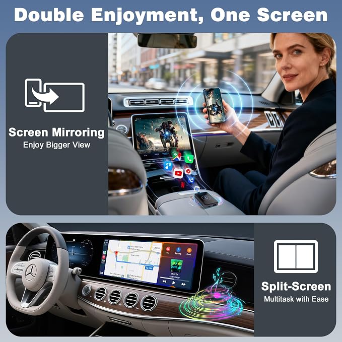 4-in-1 Wireless CarPlay & Android Auto Adapter, Screen Mirroring & HDMI Output for Cars with OEM Wired iPhone/Android, Plug & Play