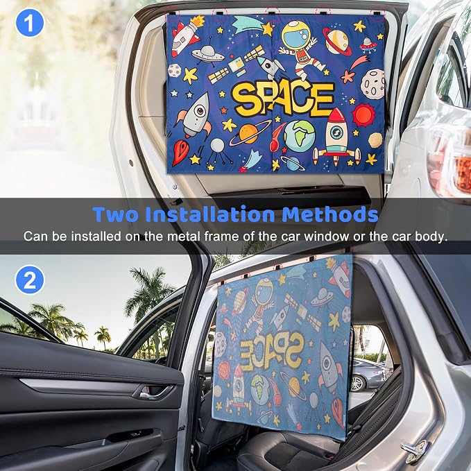 Car Sun Shade Side Window, 2pcs Magnetic Double Layer Car Window Shades for Privacy Full Covers/Half Shade Options Cute Space Pattern Side Window Curtains for Kids