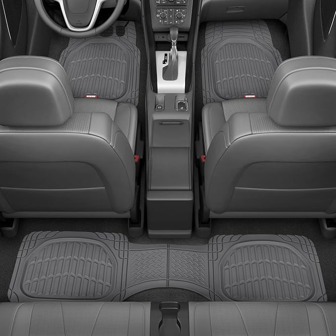 Motor Trend Original FlexTough Gray Rubber Car Floor Mats for 3 Row Vehicles, Front & Rear 2nd Row Deep Dish All Weather Automotive Heavy Duty Trim to Fit, Automotive Liners for Cars Truck Van SUV