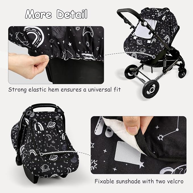 Winter Car Seat Cover Baby with Sunshade & Dual Zipper Windows - Minky Bubble Lined Windproof Soft Shell, Warm Newborn Car Seat Canopy Covers, Elastic Bottom for Stroller & Infant Car Seat, Space