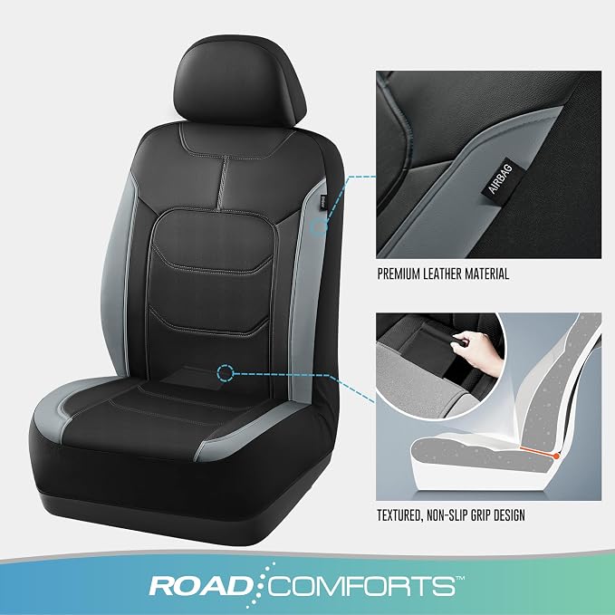 Road Comforts Seat Covers, Premium Leather Car Seat Covers Front Seats,Airbag Compatible, Automotive Seat Covers Universal Fit Most Cars,Vans,Truck,SUV Gray