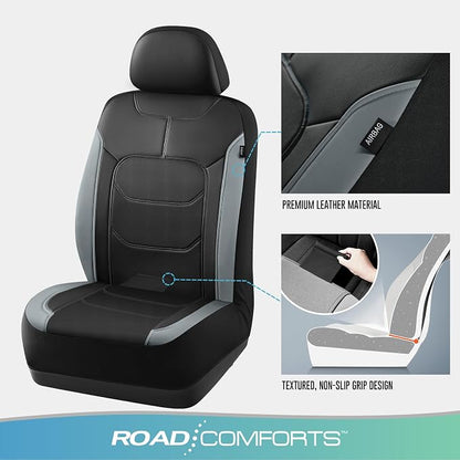 Road Comforts Seat Covers, Premium Leather Car Seat Covers Front Seats,Airbag Compatible, Automotive Seat Covers Universal Fit Most Cars,Vans,Truck,SUV Gray