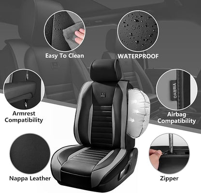 CAR PASS Nappa Leather Car Seat Covers Full Set, Luxury Seat Protector for Cars, Waterproof Anti-Slip Seat Cushion Armrest Compatible Airbag Universal for Sedan SUV Pick-up Truck Auto, Black Gray