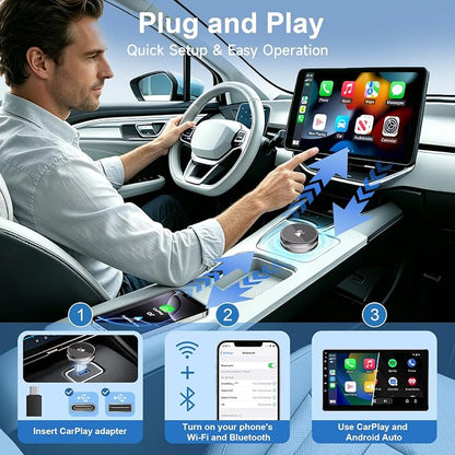 2-in-1 Wireless CarPlay & Android Auto Adapter, CarPlay Dongle Convert Wired to Wireless, Bluetooth & Wi-Fi, Plug & Play, Zero Latency, Compatible with USB/USB-C(Gray)