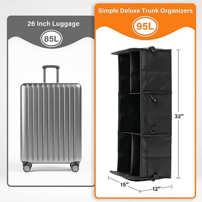 Simple Deluxe Car Trunk Organizer, Multi Compartments Collapsible Trunk Storage, Anti-slip, Waterproof 600D Oxford Polyester, with Adjustable Straps for SUV, Minivan, Truck, Large Size, Black
