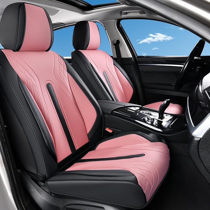 Huidasource Front Seat Covers, Universal Fit for Most Cars SUV Trucks, Full Coverage Nappa Leather Seat Cover, Airbag, Velcro Adjustable, Seat Function Retain, Black&Pink