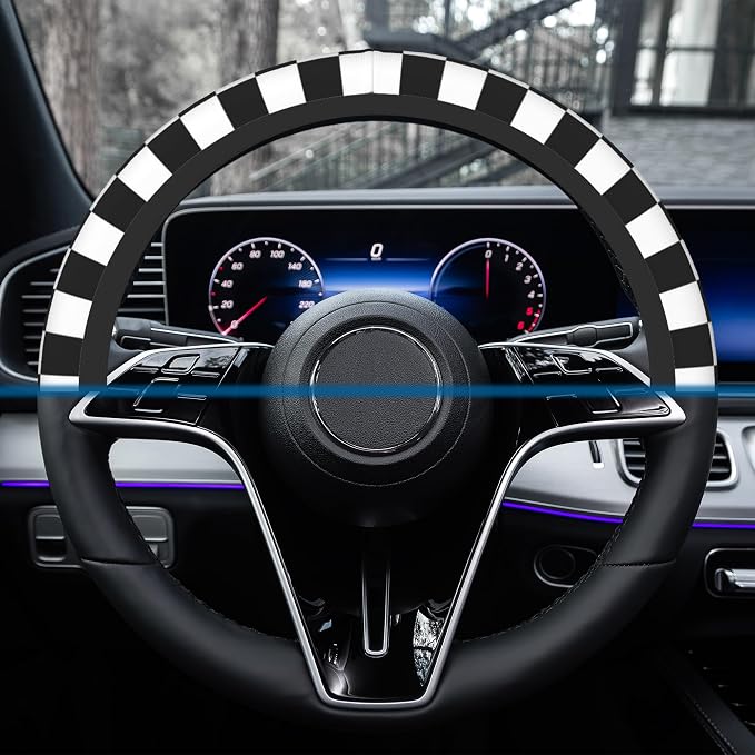 Car Steering Wheel Cover, 14.5"-15" Inch Universal Anti-Slip DurableSteering Wheel Protective Cover, Breathable Auto Interior Decoration Accessories for Sedan SUV Truck (Black White Checkered)