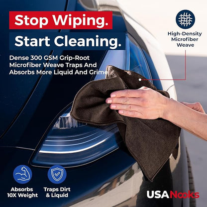 USANOOKS Premium 300GSM Microfiber Cleaning Cloth - 12.5"x12.5" High Performance - 1200 Washes, Ultra Absorbent Microfiber Towels for Cars Undercarriage, Rims & Engine Bay Cleaning - Microfiber Cloth