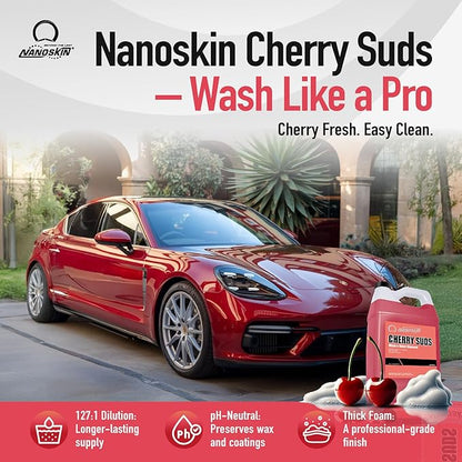 Nanoskin CHERRY SUDS Foaming Car Wash Concentrated Shampoo 5 Gallons for Foam Cannons, Foam Guns, Bucket Washes | Pressure Washer Safe, Cherry-Scented Soap | Ideal for Cars, Trucks, Motorcycles, RVs
