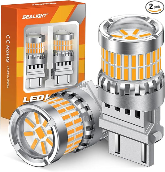 SEALIGHT Turn Signal Light Bulbs 3157 LED Bulb Amber, 700% Brighter 3156 3057 4157 4114 LED Bulb 57-SMD LED Chipset with Projector Len & Load Resistor for Turn Signal Light, Parking Light, Pack of 2