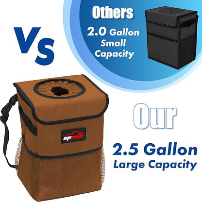 EPAuto Waterproof Car Trash Can with Lid and Storage Pockets, 2.5 Gallon Leakproof, Brown